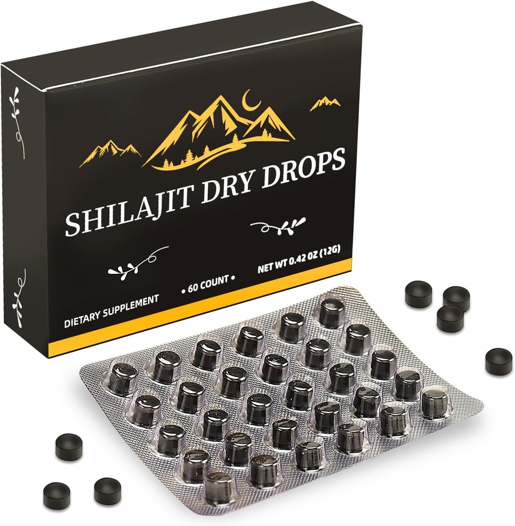 Shilajit Pure Himalay Resin Dry Drops Tablets |Himalaya shilajit, Immune Support, ren naturlig shilajit | 85 + Trace Minerals & Fulvic Acid för energi, Pure Himalayan Resin 60 tabletter (1 Pack)