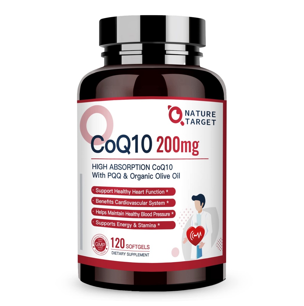 NATURAL TARGET CoQ10-200mg-Softgels + PQQ with Organic-Olive-Oil - High Absorptio-Coenzyme-Q10 - Antioksidantti-for-Heart-Health-Health and Immune Support, Energy Production, 120 Servings