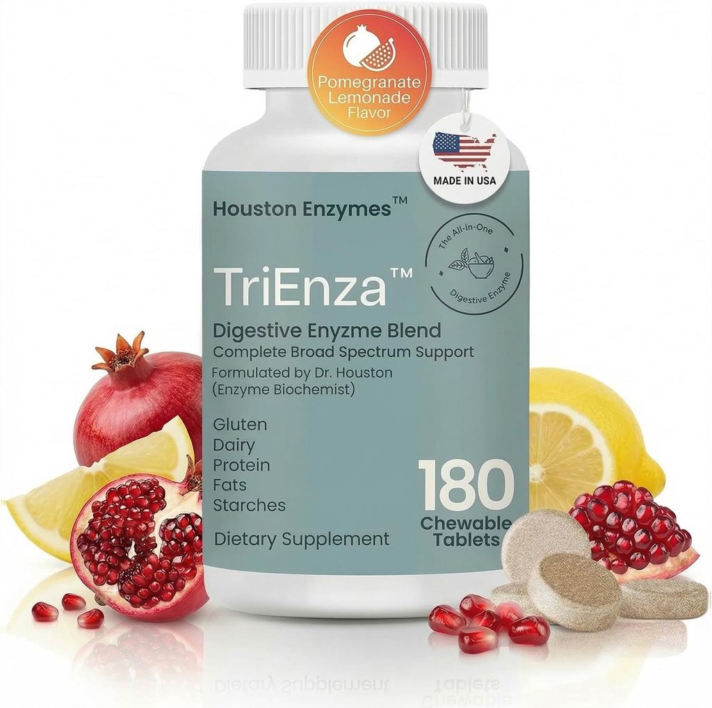 Houston Enzymes TriEnza - Digestive Enzyme Supplement för Gluten, Casein, Soja, proteiner, kolhydrater, fetter och polyfenoler - Digestive Enzymes för kvinnor och män (180 tuggbara tabletter)