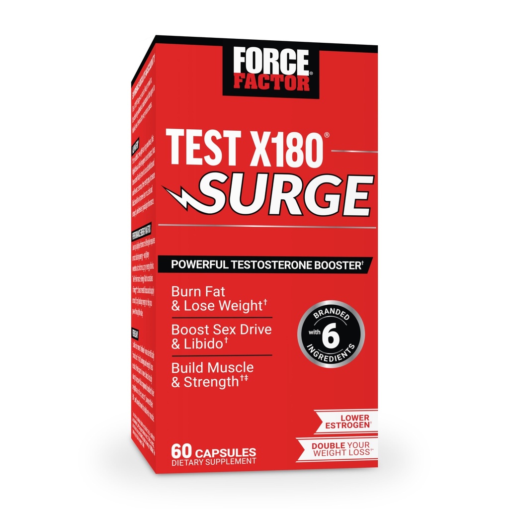 Force Factor Test X180 Surge Testosteron Support för män, manlig vitalitet förbättrar tillskott, främja muskel och styrka, stödja vikt, öka långvarig energi, 60 kapslar