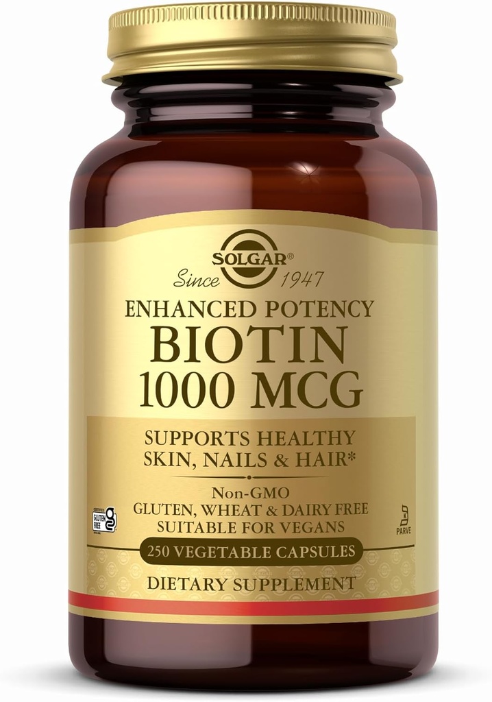 Solgar Biotin 1000 mcg - 250 vegetabiliska kapslar - Stöder hälsosam hud, naglar och hår - Icke-GMO, Vegan, Gluten Free, Dairy Free, Kosher - 250 portioner