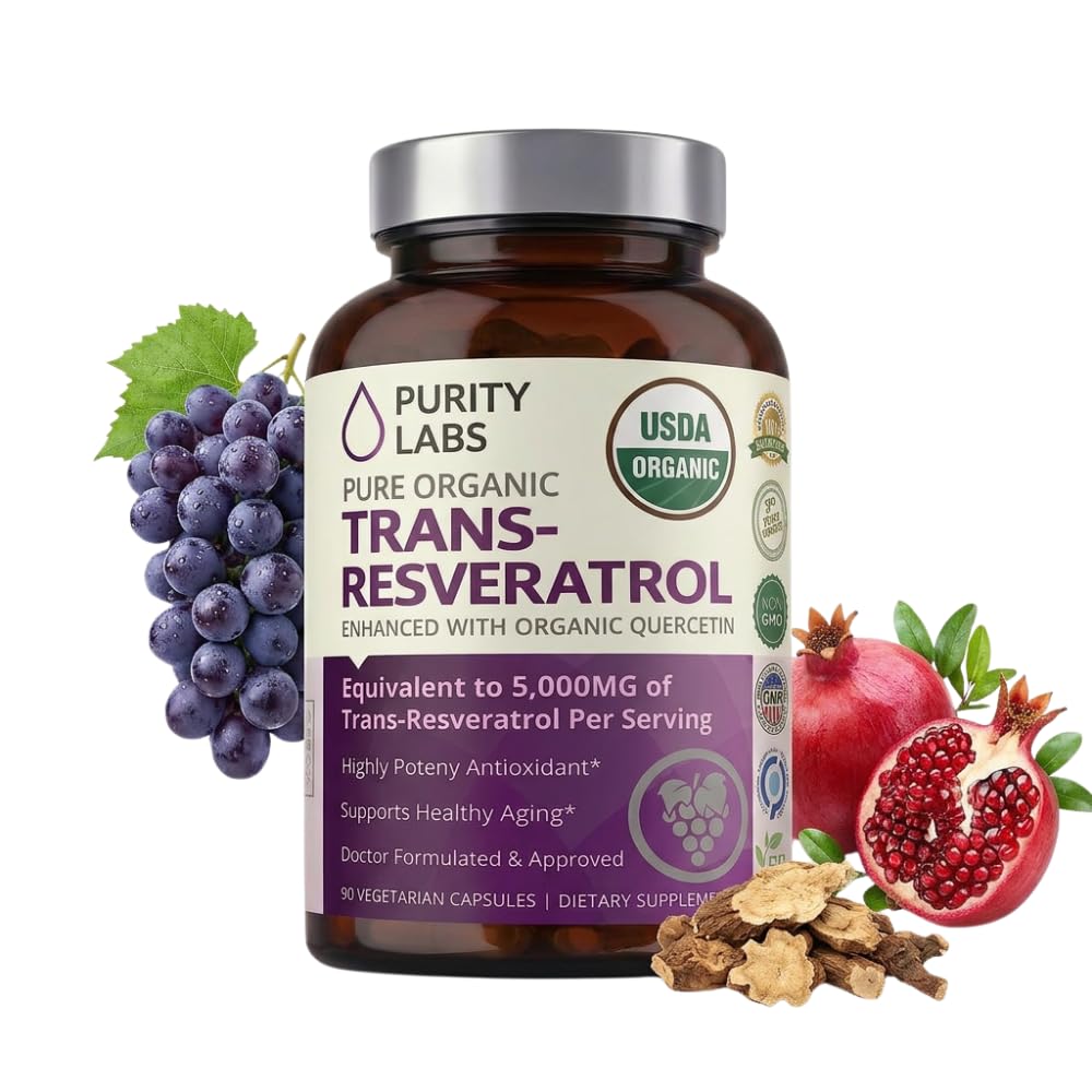 Purity Labs Pure Organic Trans Resveratrol Supplement med Quercetin, Vegan Antioxidant Nutritional Supplements for Heart, Skin, Hair, Nails | Sourced from Japanese Knotweed | 90 kapslar