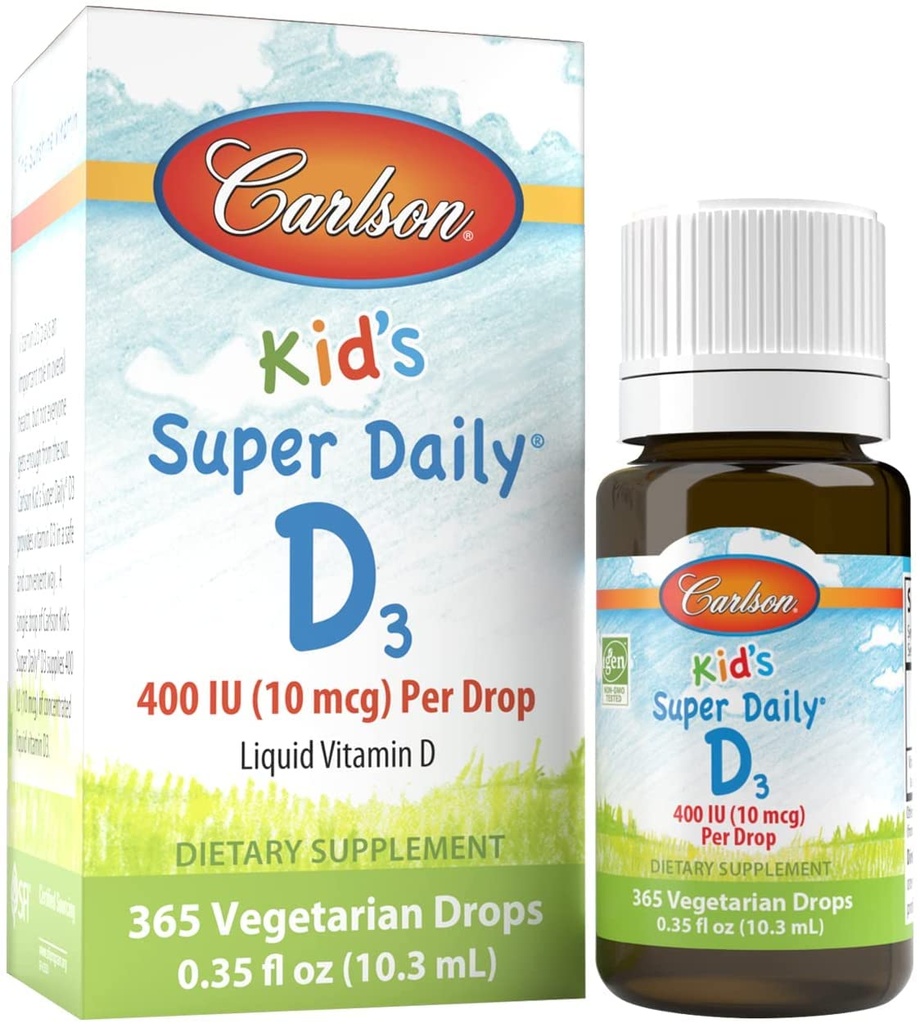 Carlson - Kid's Super Daily D3, D-vitamiinia tipat lapsille, 400 IU / pisara, 1-vuosi Supply, Heart & Immuuniterveys, Kasvisruokaa, Nestemäinen D-vitamiini D Drops, Mauttomat, 365 tippaa