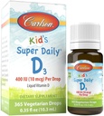Carlson - Kid's Super Daily D3, D-vitamiinia tipat lapsille, 400 IU / pisara, 1-vuosi Supply, Heart & Immuuniterveys, Kasvisruokaa, Nestemäinen D-vitamiini D Drops, Mauttomat, 365 tippaa