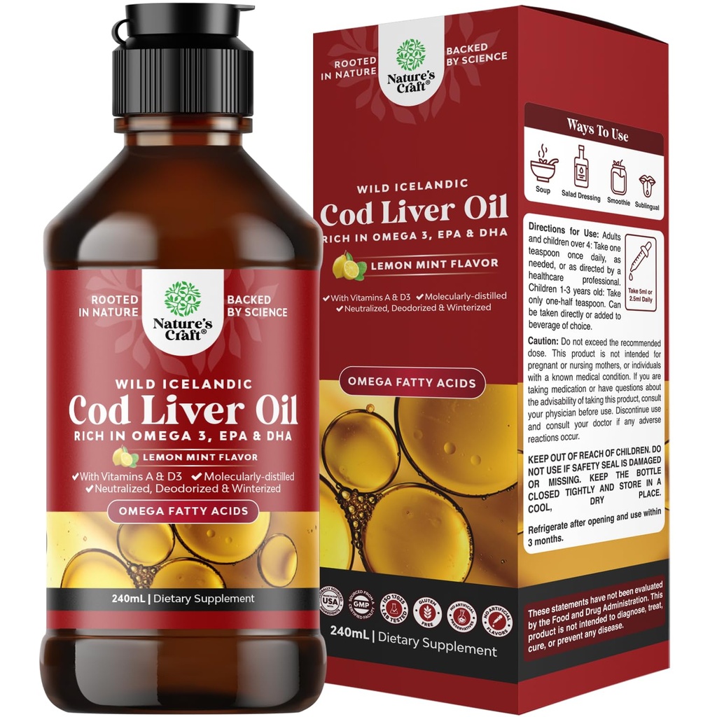 Iceland Wild Caught Cod Liver Oil Liquid - Fish Oil Drops with Omega 3, EPA, DHA, DHA, Vitamiini D & A - Liquid Cod Liver Supplement for Heart, Joint, Brain & Immuuni Support - 240 ml (8 Ounce)