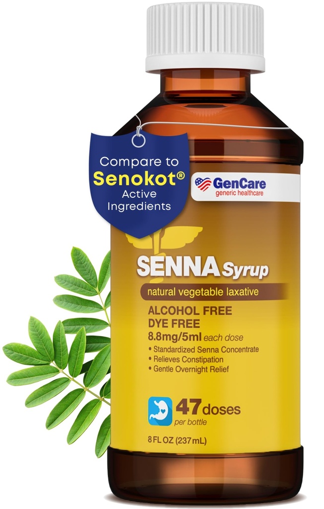 GenCare - Senna Syrup Liquid Laxative (8 Fl Oz Bottle) All Natural Vegetable Sennosides Active Ingredient | Lätt att svälja förstoppningshjälp för vuxna och barn 12 och äldre | Bästa värdestorlek