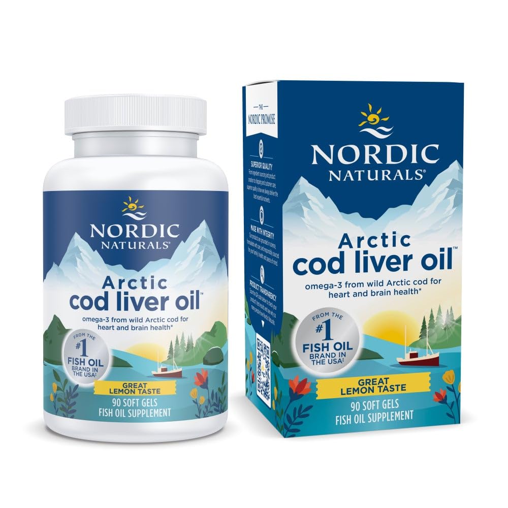Nordic Naturals Arctic Cod Liver Oil, Lemon - 90 Soft Gels - 750 mg Total Omega-3s with EPA & DHA - Heart & Brain Health, Terve Immuniteetti, yleinen hyvinvointi - ei GMO - 30 Servings