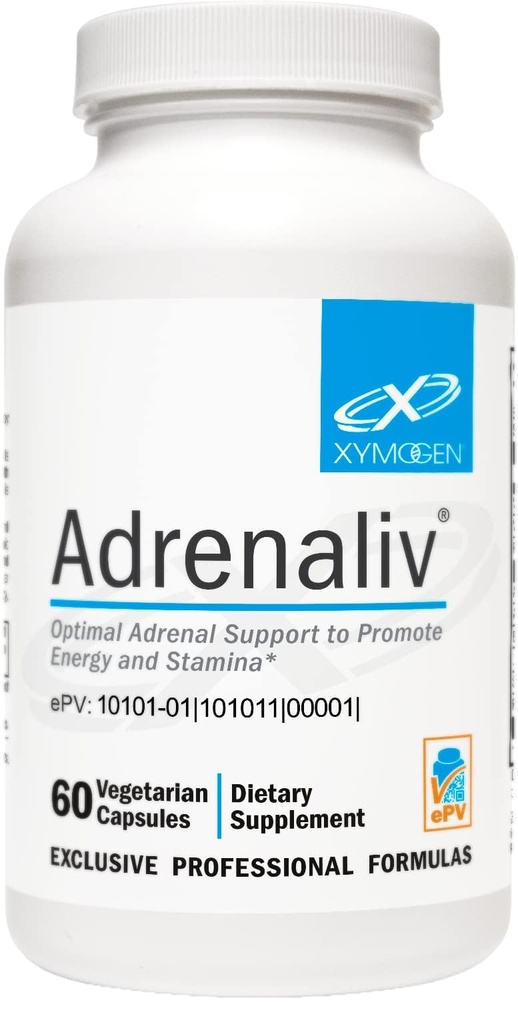 XYMOGEN Adrenaliv - lisäravintolisä kehon stressin, edistää energiaa ja kestävyyttä - Rhodiola Rosea, Eleuthero, Adrenal Complex, lakritsi, B6-vitamiini (60 kapselia)