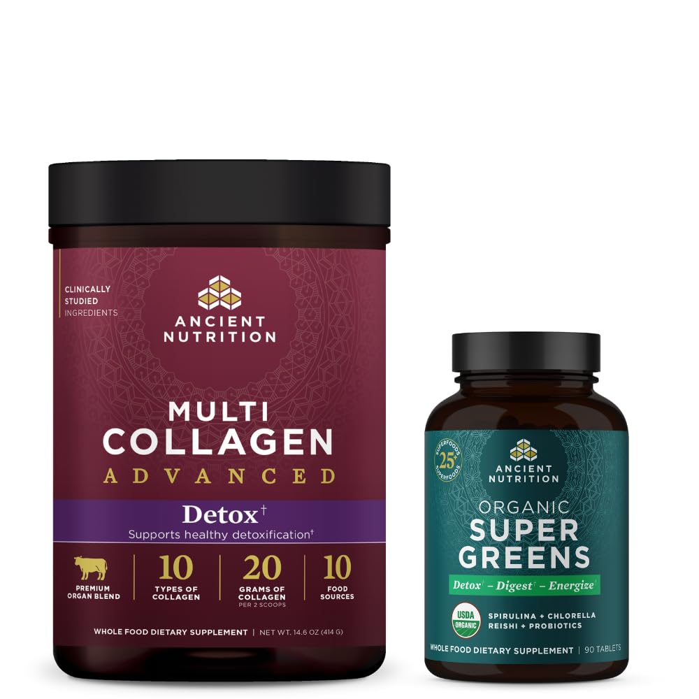 Ancient Nutrition Multi Collagen Advanced Powder Cleanse & Detox, Unmauled, 36 Servings + Organic Super Greens tabletti 90