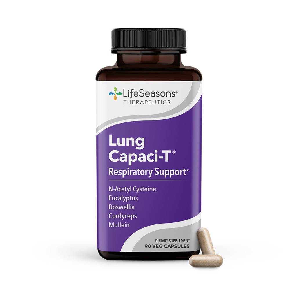 Lung Capaci-T - hengitysteiden tuki täydentää - CoQ10, N-Acetyl Cysteine, Boswellia, Eucalyptus, Müllein, Vihreä Tea, Nettle & Piparmint - lisää hapen Kapasiteettia ja vähentää limaa - 90 kapselia