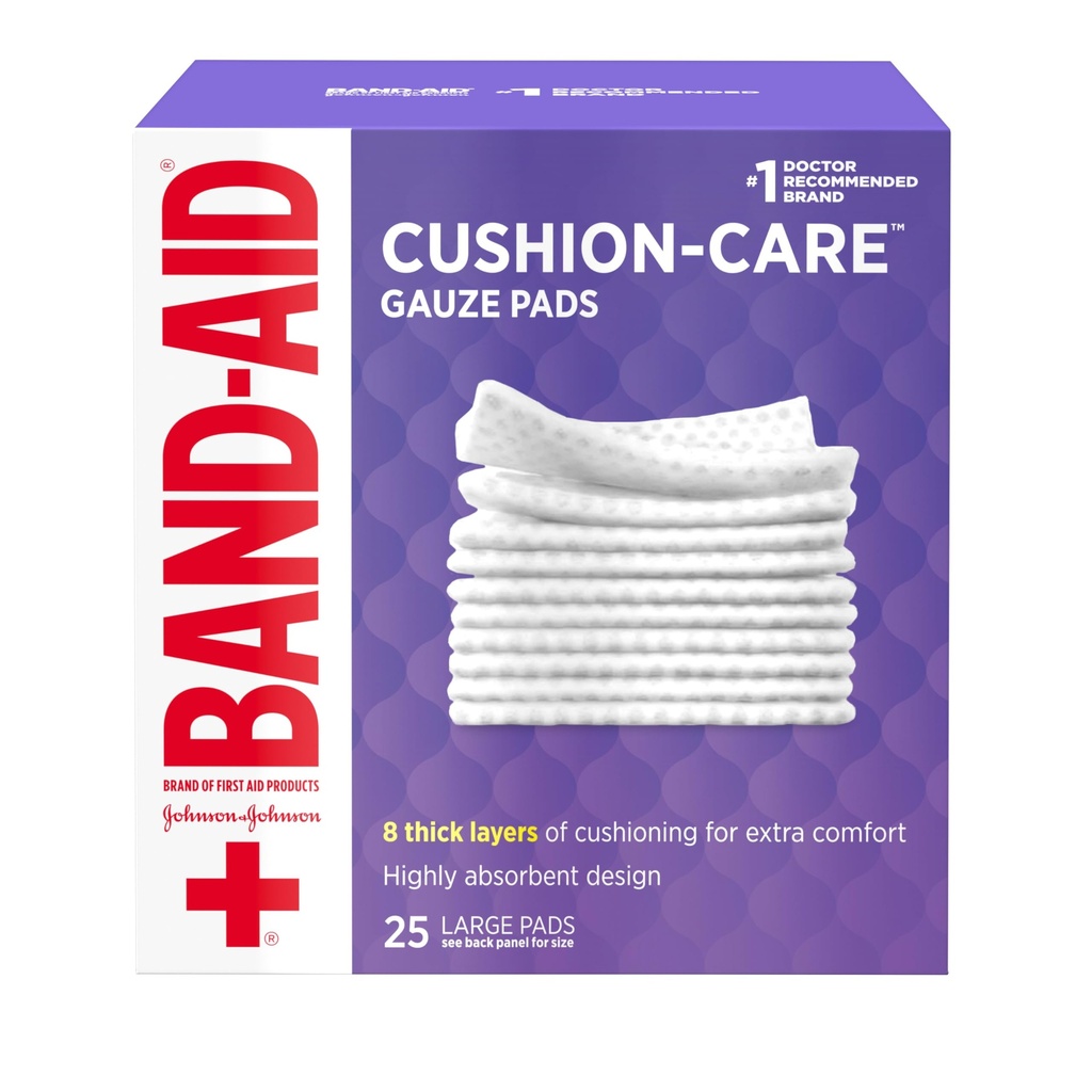 Band-Aid Brand Absorbent Cushion Care Sterile Square Gauze Pads for First Aid Protection of Minor Cuts, Scrapes &Burns, Non-Adressive, Haavojen hoito pukeutuminen pads, Suuri, 4 x 4 in, 25 t