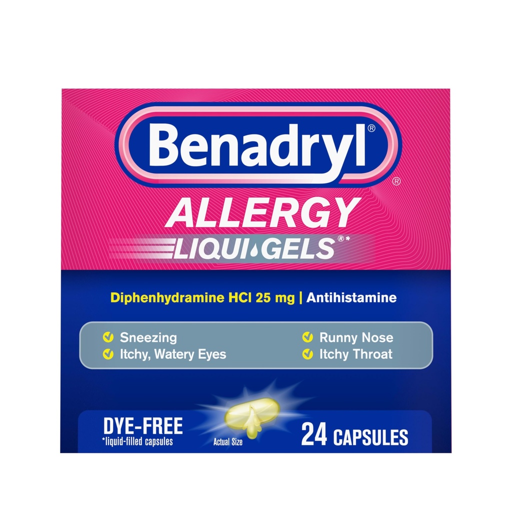 Benadryl Liqui-Gels Allergy Medicine, Dye-Free Liquid Gel Capsules med 25 mg Diphenhydramine HCl Antihistamin för lindring av allergi och kalla symtom som Runny Nose & Sneezing, 24 ct