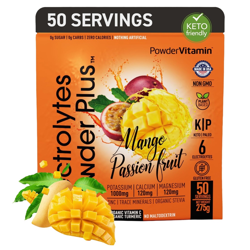 PowderVitamin Electrolytes Powder Plus (50 tarjoilua) Mango Passionhedelmät Elektrolyyttijauhe Zero Calorie Keto, 0 Sokeri, No Maltodekstriini, 1000 mg Kalium, 120 mg kalsium, 120 mg Magnesium, nesteytysjauhe