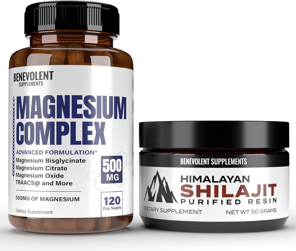 Magnesium Complex 5 Best Forms & Himalayan Shilajit Resin - 4 kuukauden toimitus 500 mg Magnesium Glycinate, oksidi, taurate, kelaatti, magnesiumsitraaatti - 85+ Energiaan tarkoitetut trace-mineraalit