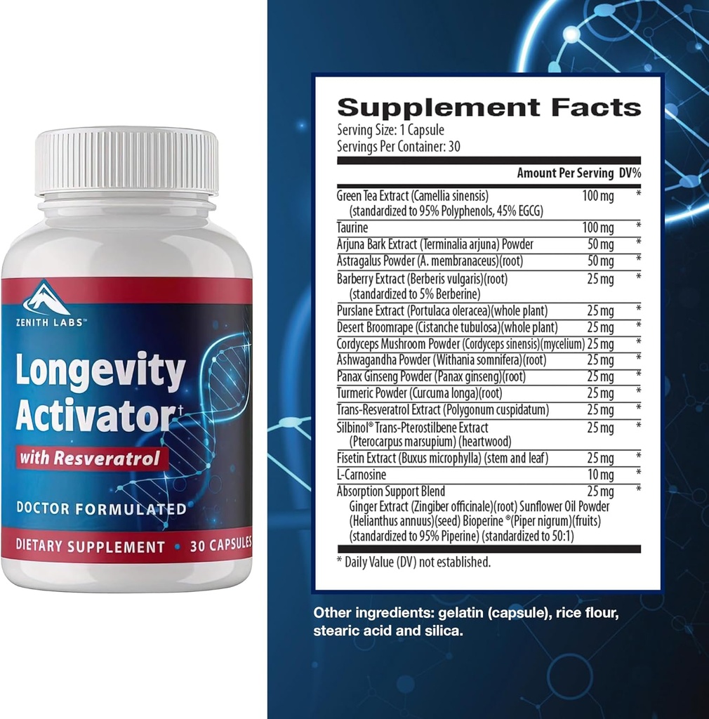 Zenith Labs Longevity Activator Anti-Aging Supplement Ravintolisä, luonnollinen antioksidantteja Resveratrol - tukee immuunitoiminto ja terve muisti, 3 Pack