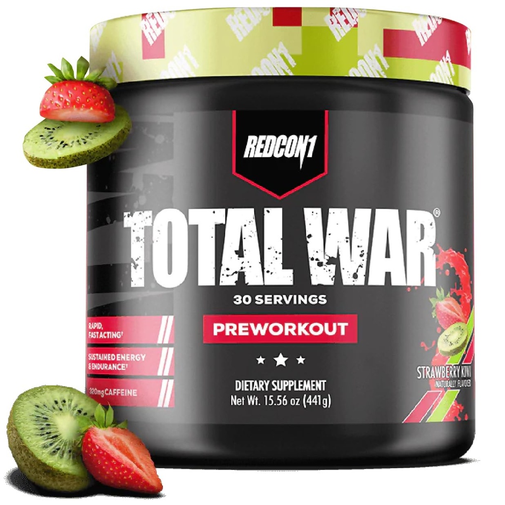 REDCON1 Total War Pre Treout, Mansikka Kiivit - L Sitruliini, Malic Acid, Green Tea Leaf Extract Pump Boosting Pre Treen for Women & Men - 3.2g Beta Alanine vähentää uupumus (30 Servings)