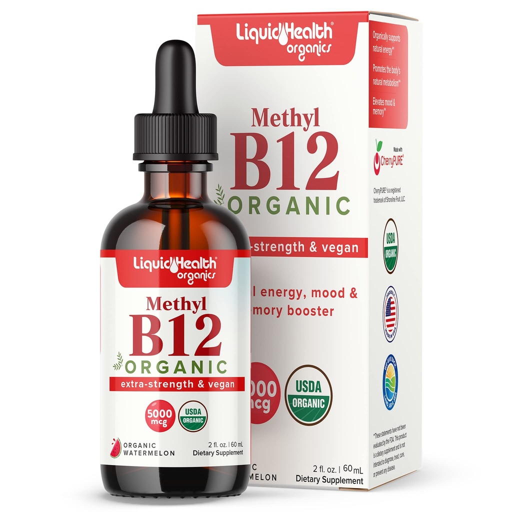 LIQUIDHEALTH USDA Organic Methyl Vitamiini B12 Metyylikobalamiini Liquid Drops kanssa Tart Cherry Juice - Boost Energy, Immuuni tuki, parantaa muistia ja keskittyminen - USA Valmistettu, Vegan, ei-GMO (2 oz)