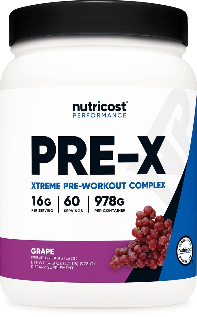 Nutricost Pre-X Xtreme Pre-Workout Complex Powder, Rypäle, 60 tarjoilua, kasvissyöjä, ei-GMO ja gluteeniton