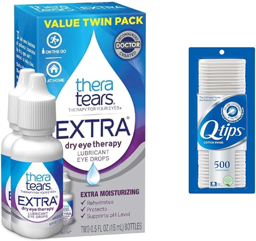 TheraTears Extra Dry Eye Drops 0,5 fl oz 2 Räkna med Q-Tips 100% bomull Swabs 500 Räkna