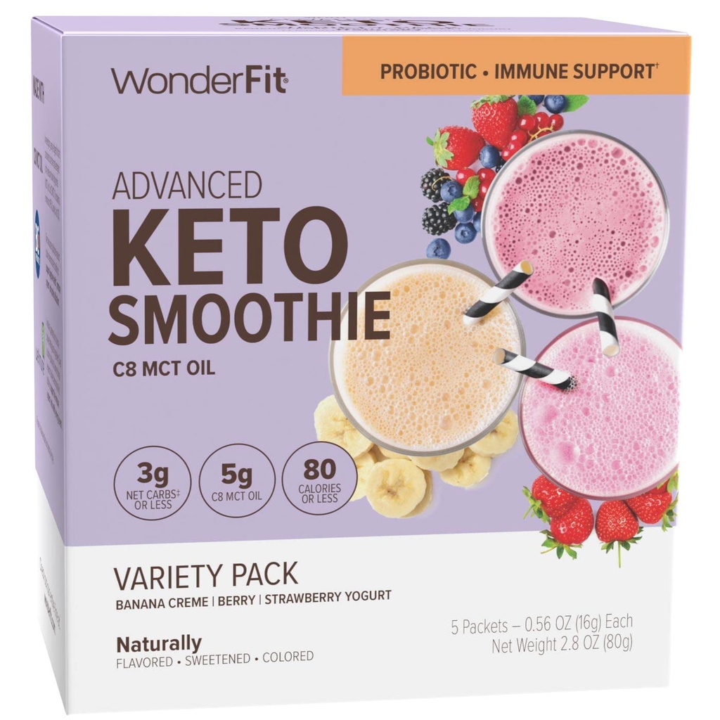 WonderFit by WonderSlim Keto Smoothie kanssa C8 MCT Oil, Variety Pack, 1-3g Net Carbs, Gluteeniton, Probiootti & Immuuni tuki (5ct)