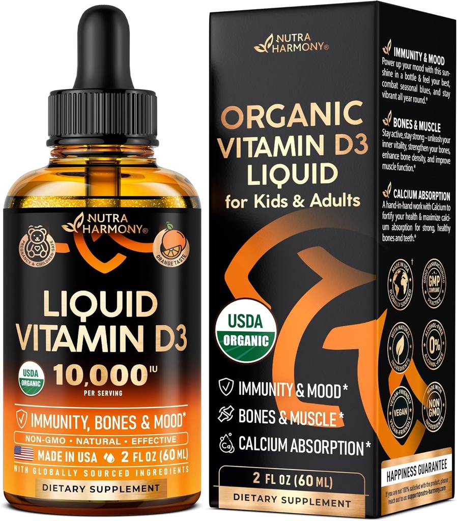 USDA Organic Vitamin D3 10000iu - D-vitamindroppar för spädbarn, barn och vuxna, graviditet och barn säkert - immunsystem, humör, benhälsa och muskelstöd - naturlig orange smak - 2 fl oz, 60 ml