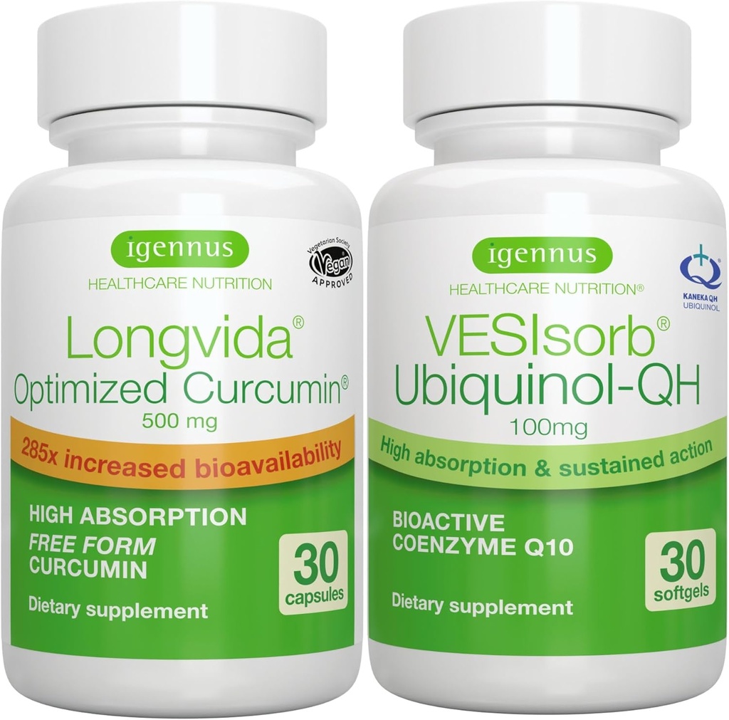 Longvida Curcumin 500mg + VESIsorb Ubiquinol-QH Advanced CoQ10 100mg Bundle, Ultra Bioavailable Curcumin med Bioavailable & Fast-Acting Ubiquinol, av Igennus