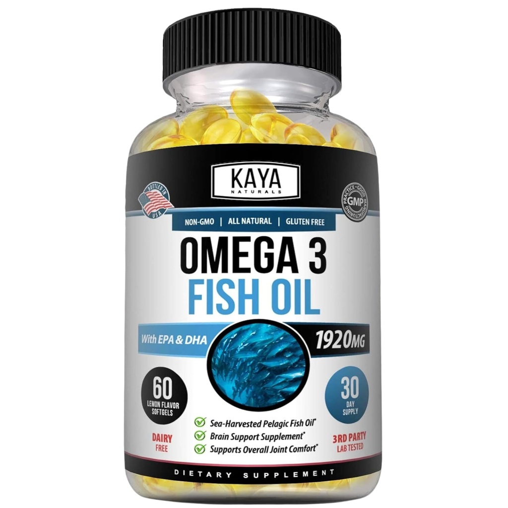 Kaya Naturals Omega 3 täydennysosa - Nature Made Omega 3 Fish Oil - 100% Pure Sea-Harvested Pelagic Fish Oil ilman Fishy Jälkimaku - 60 Count Softgels