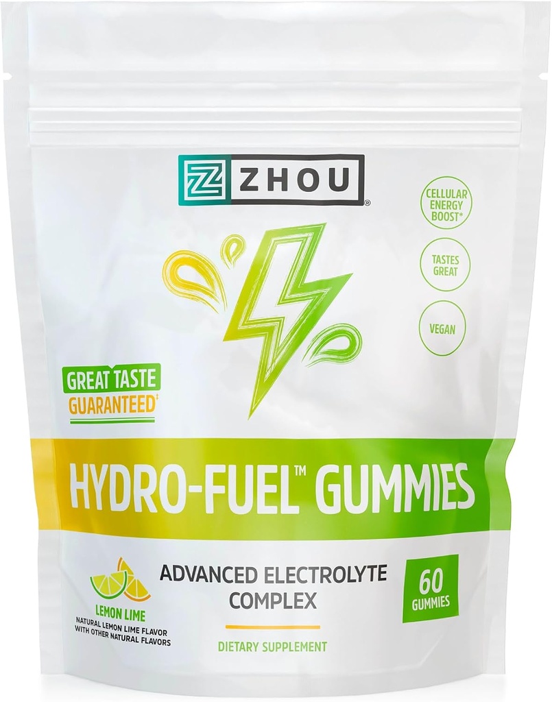 Zhou Hydro-Fuel Gummies - Electrolyte Gummy, Hydration Salt Chews med natrium, kalium och magnesium Chewables, Energy & Endurance för kvinnor och män - Lemon Lime, 60 Veggie Gummies