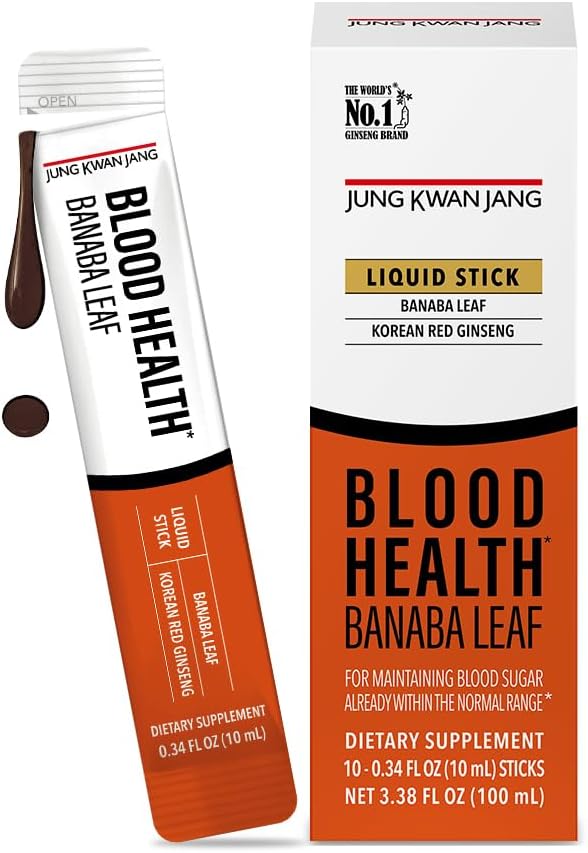 JungKwanJang Blood Health Banaba Leaf Extract (100mg), Carob Pods, Korean Red Ginseng Varje gång Extract Sticks för cirkulation, Post Meal, Energy, 10 Count