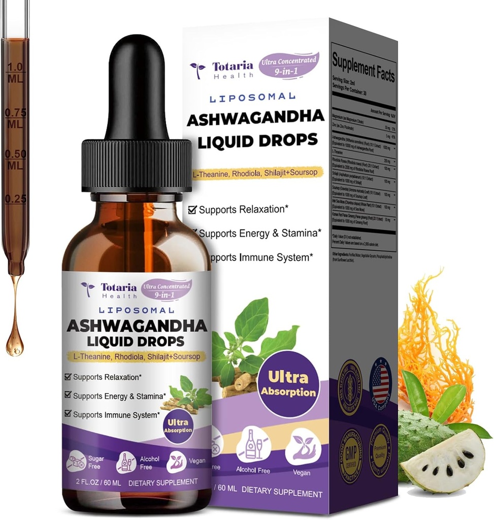 Totaria Liposomal Ashwagandha Liquid Drops, Ultra Strength Ashwa juuriuute täydennysosa Shilajit, Ginseng, Magnesium, Soursop, L-Theanine, 60 ml