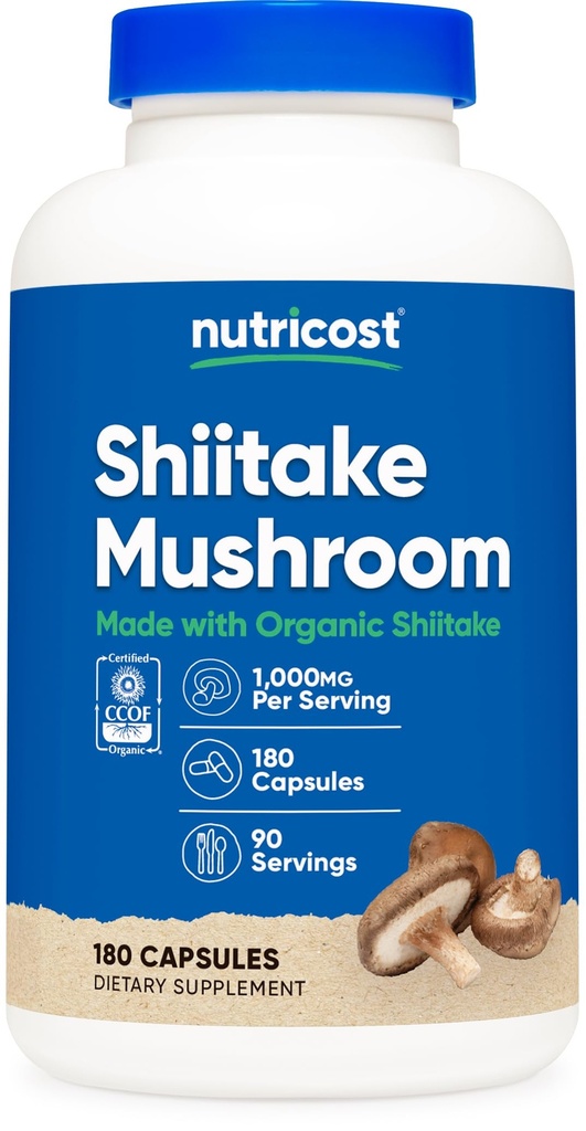Nutricost Organic Shiitake Mushroom Capsules 1000mg, 90 Servings - CCOF Certified Made with Organic, Kasvissyöjä, Gluteeniton, 500 mg per kapseli, 180 kapselia