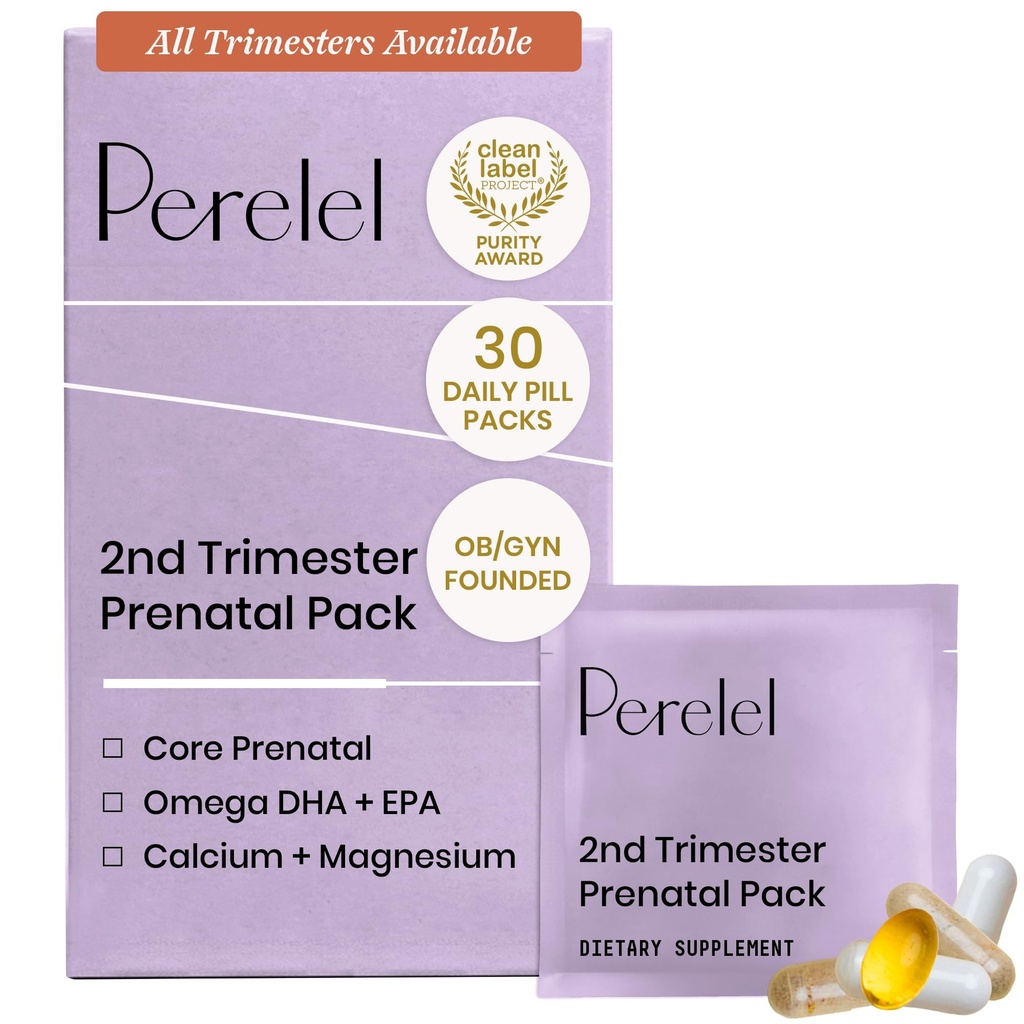 Perel 2nd Trimester Prenatal Pack, Multivitamiini magnesiumin kanssa, Omega 3, rauta ja kalsium, Ravitsemustuki toisen Trimester Wellness, Soy & Gluteeniton, ei GMO, 30 päivittäistä pilleripakkausta