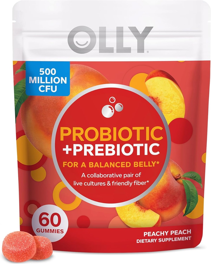 OLLY Probiootti + Prebiootti Gummy, digestiivinen tuki ja Gut Health, 500 miljoonaa PMY, kuitu, aikuisten purutabletti, persikka, Case Pack