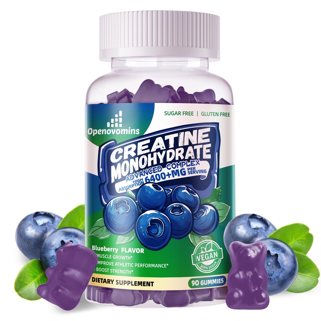 Kreatiini Monohydraatti Gummies Complex miesten & naisten - Advanced Formula W/L-Tauriinia + B12-vitamiinia, sokeriton purutabletti,90 Mustikka Gummies