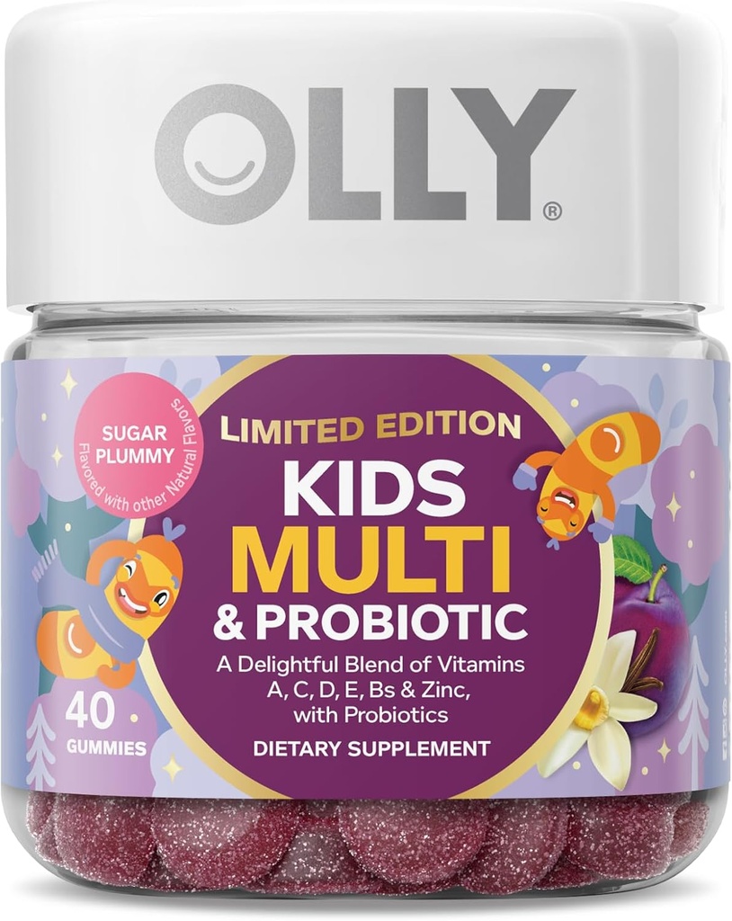OLLY Kids Multivitamin & Probiotic, Limited Edition, Digestive Support, vitamin A, D, C, E, B, Zink, Chewable Supplement, Sugar Plummy - 40ct