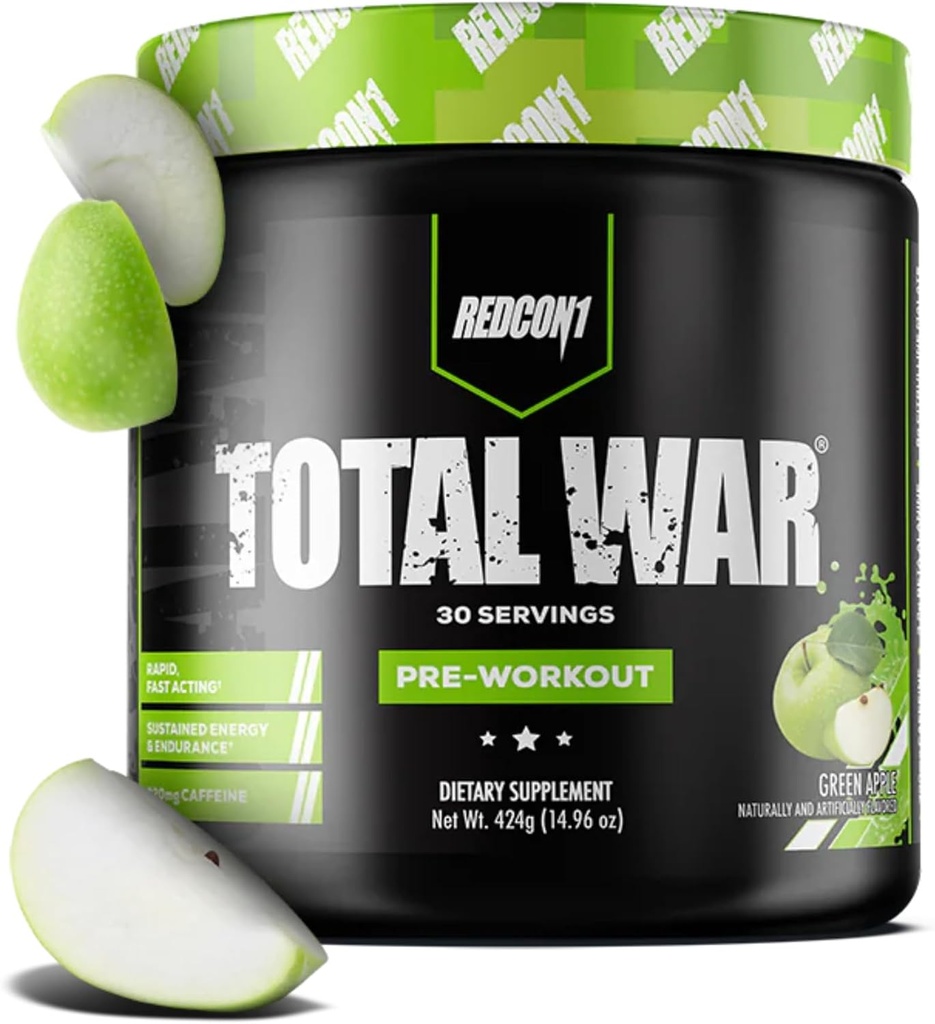 REDCON1 Total War Pre workout, Green Apple - Fast Acting Comfeinated Preworkout miehille + naisille Beta Alanine - Sisältää Citrulline malate lisätä pumppu, veren virtaus (30 Servings)