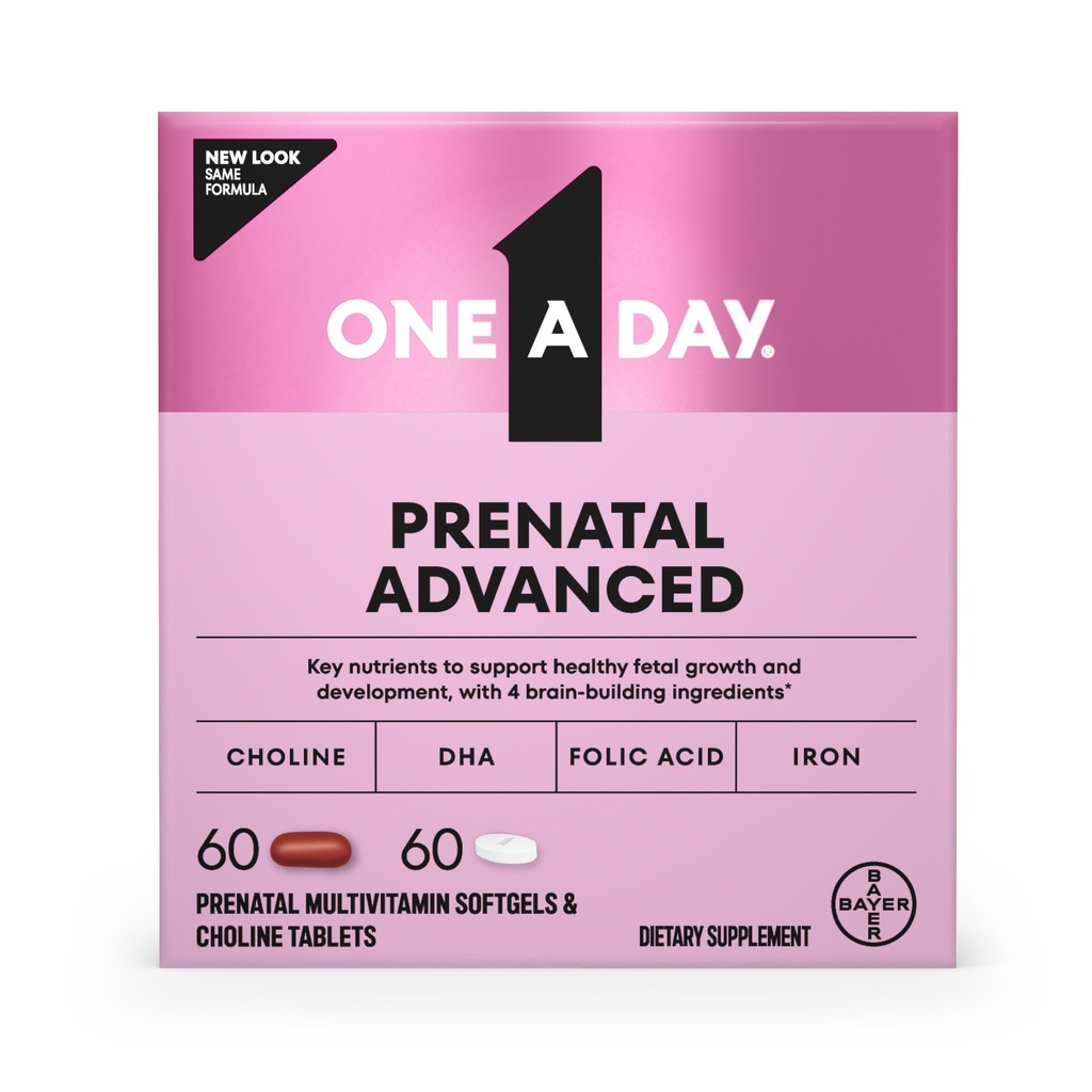 One A Day Prenatal Advanced Prenatal Vitamiinit Foolihappo, Koliini, DHA & rauta, Raskaus vitamiinit naisille tukemaan vauvan kehitystä, 60 + 60 Ct (120 yhteensä Set) (Pakkaus toukokuussa Vary)