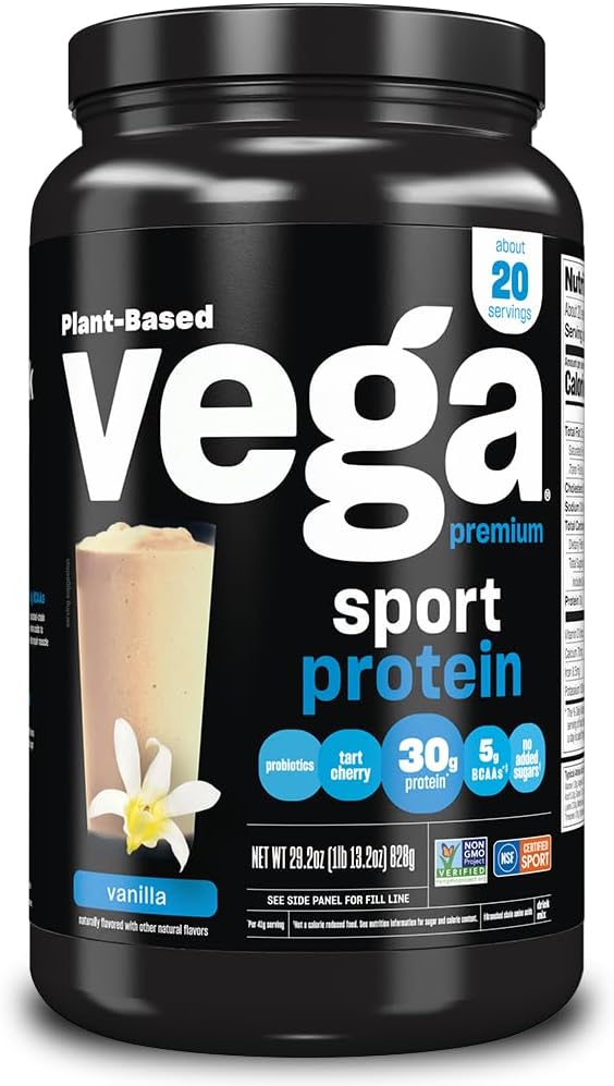 Vega Premium Sport Protein Vanilla Protein Powder, Vegan, Non GMO, Gluteeniton Plant Based Protein Powder Drink Mix, NSF Certified for Sport, 29.2 oz