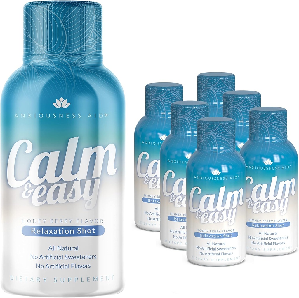 Calm & Easy - Natural Stress Relief Shot, KSM-66 Ashwagandha, Suntheanine L Theanine, Calming Adaptogen Drink, Relaxation, Focus och Mood | 2 oz Liquid Bottle (6 Pack)