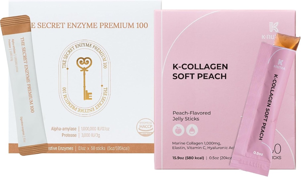 The Secret Enzyme Premium 100 (50 tikkua) & K- Collagen Soft Peach Collagen Jelly (30 tikkua) for Dgestive Health, ihon terveys