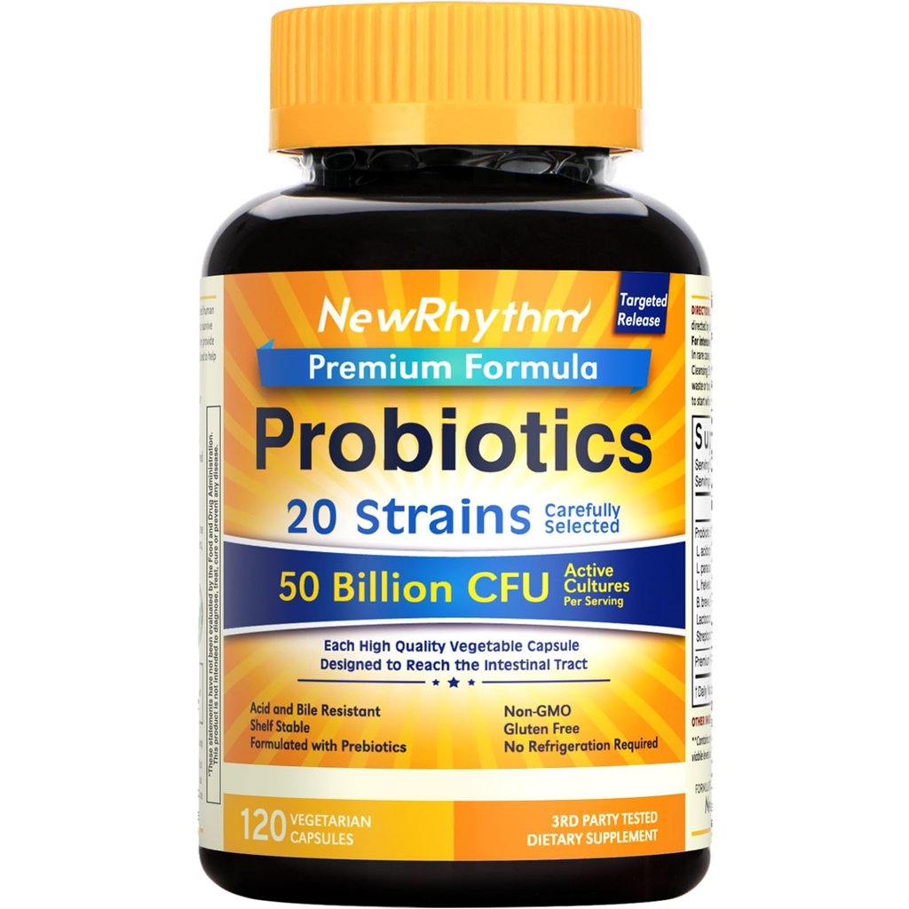 NewRytm Probiootit 50 miljardia PMY 20 kanta, 120 kasviskapselia, Targeted Release Technology, Smach Acid Resistant, Ei tarvetta jääkaappi, pakkaus 1, ei-GMO, Gluteeniton