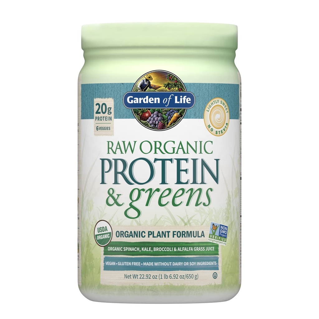 Elämänpuutarha Raw Organic Protein & Greens Lightly Sweet, Vegan Protein Powder for Women and Men, Plant and Pea Protein, Greens, Probiootit, Gluteeniton Low Carb Shake Made without Dairy 20 Servings