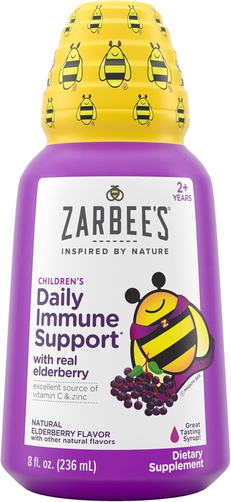 Zarbeen Elderberry Syrup lapsille, Päivittäinen immuuni tuki C-vitamiinia ja sinkkiä, lasten nestemäinen täydentää, luonnollinen Berry Flavor, 8 fl oz