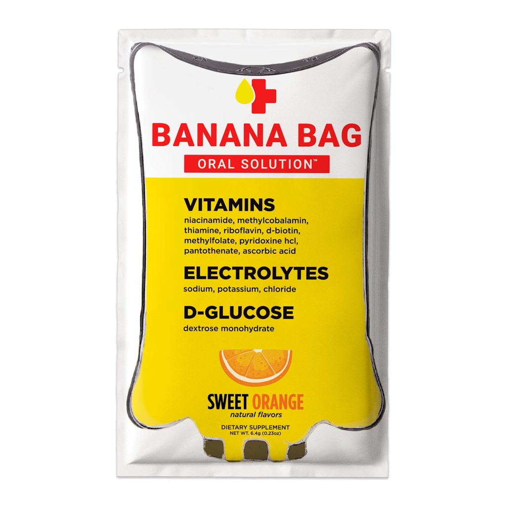 Banana Bag Oral Solution Recovery Packets - Sweet Orange 30pk | En uppfriskande blandning av elektrolyter, vitamin C och B-komplex för hydrering och energi. Bekväm, Easy-to-Mix och perfekt för alla livsstilar.