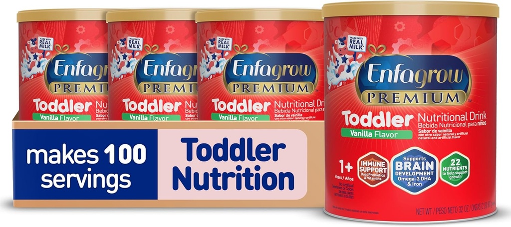 Enfagrow Premium Toddler Nutritional Drink, Vanilla Flavor, Omega-3 DHA aivojen tukea, Prebiootit & Vitamiinit Immunoterveys, Powder Can, 32 Oz, pakkaus 4