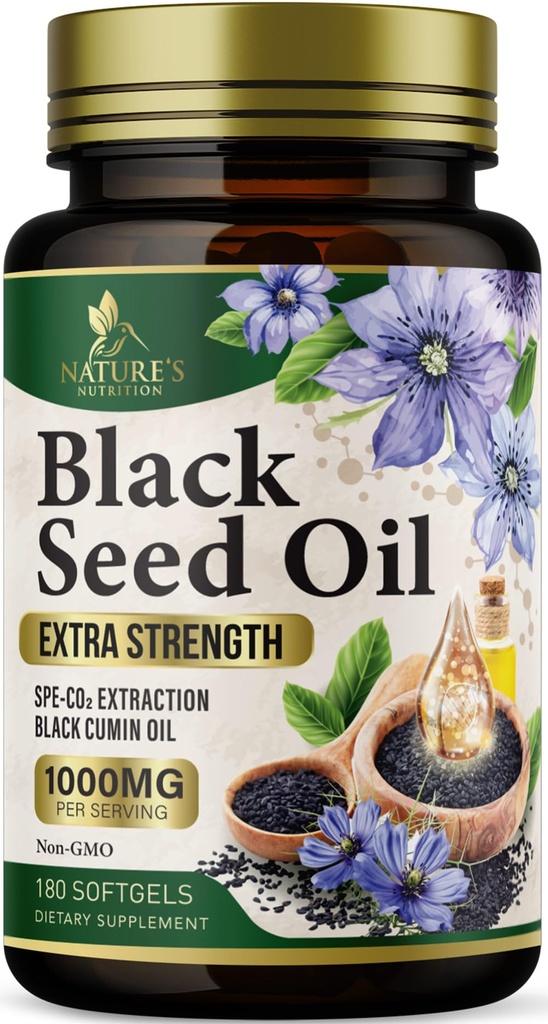 Black Seed Oil Softgels 1000mg - Premium Nigella Sativa Blackseed, Pure Natural Black Cumin Seed Oil & Antioksidant for Skin & Immuno Support - Non GMO, pullotettu Yhdysvalloissa täydennysosa - 180 Softgels