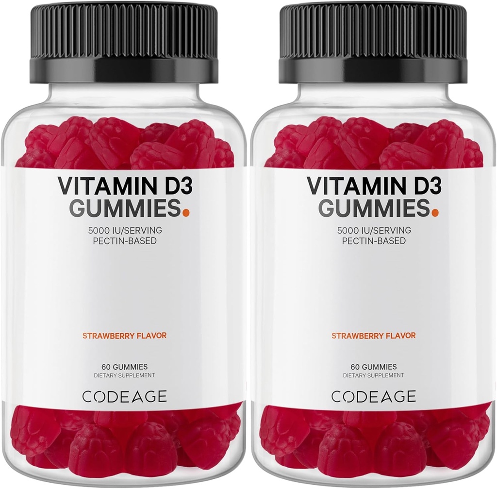 Koodi D3-vitamiinia, D3-vitamiinia 5000 IU Gummies kolekalsiferolia 125 mikrog, pehmeä pektiinipohjaista, eläinten liivatevapaata gummia, gammavitamiinia, maukas mansikka, ei-muuntogeenisiä organismeja - 2-pakkaus