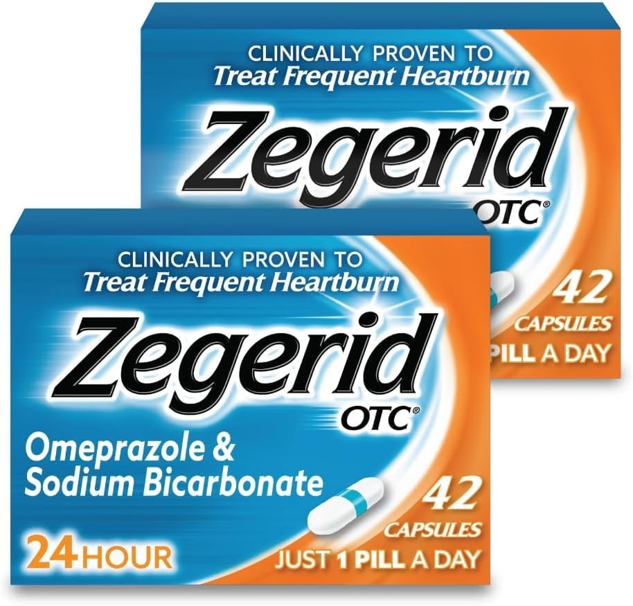 Zegerid OTC, Omeprazole Plus natriumbikarbonaatti, 24 tuntia, protonipumpun estäjä (PPI), närästyslääketiede, happoreduktori, kaksi 42ct pahvikoteloa
