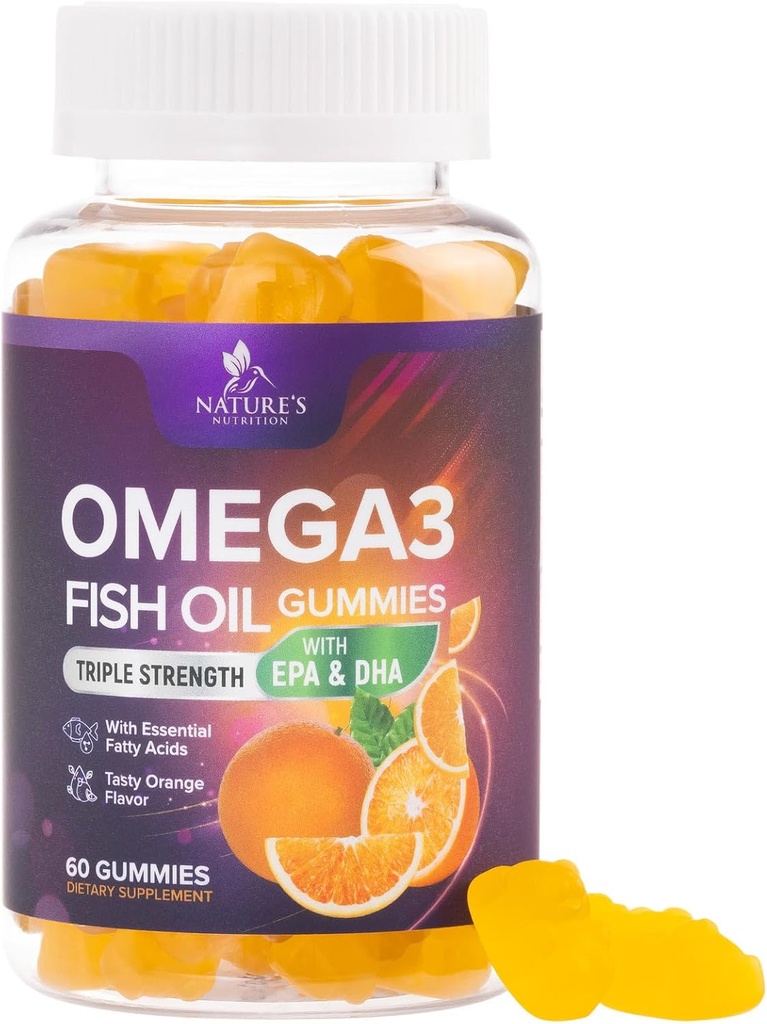 Omega 3 Fish Oil Gummies - Heart Health Tuki Omega 3 Gummy täydentää aikuisille & lapsille, joilla on korkea absorptio DHA & EPA, Joint & Brain Support, herkullinen appelsiini maku kalaöljy vitamiinit, 60 Gummy