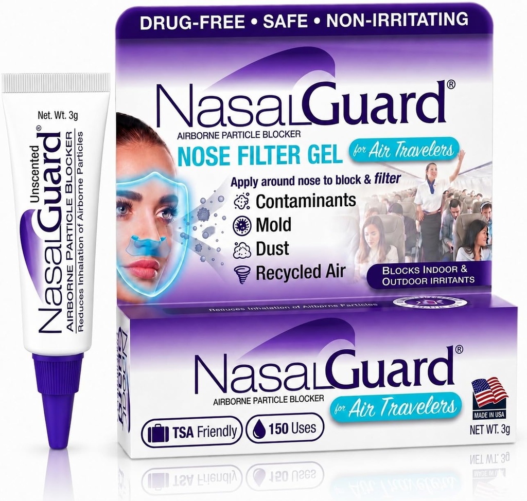 Airborne Particle Blocker Nasal Gel för flygresenärer - Drug-Free, Non-irritating, Non-drowsy, Airplane Travel Approved (Unscented) - Över 150 Applikationer Per Tube (0,1 oz, Pack av 1)